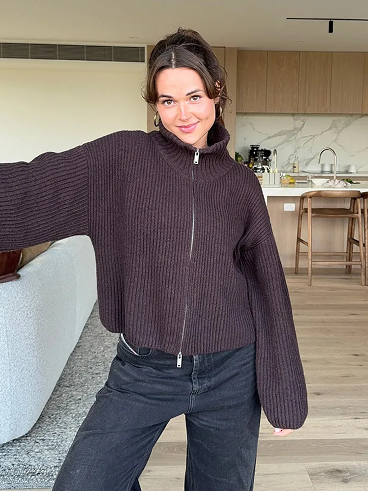 Casual Long Sleeve Zipper Knitted Coat Fashion Stand Collar Stripe Knitting Cardigan for Women Spring Autumn Female Sweater 251120