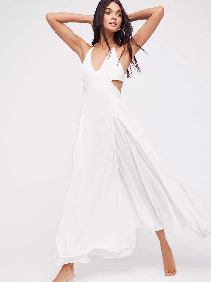 2025 new backless beach maxi dress halter neck cotton long swing dress