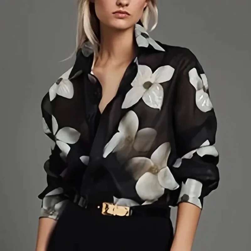 Spring Summer Long Sleeves Loose Floral Printed Lapel Blouses New Casual Button Office Shirts For Urban Lady