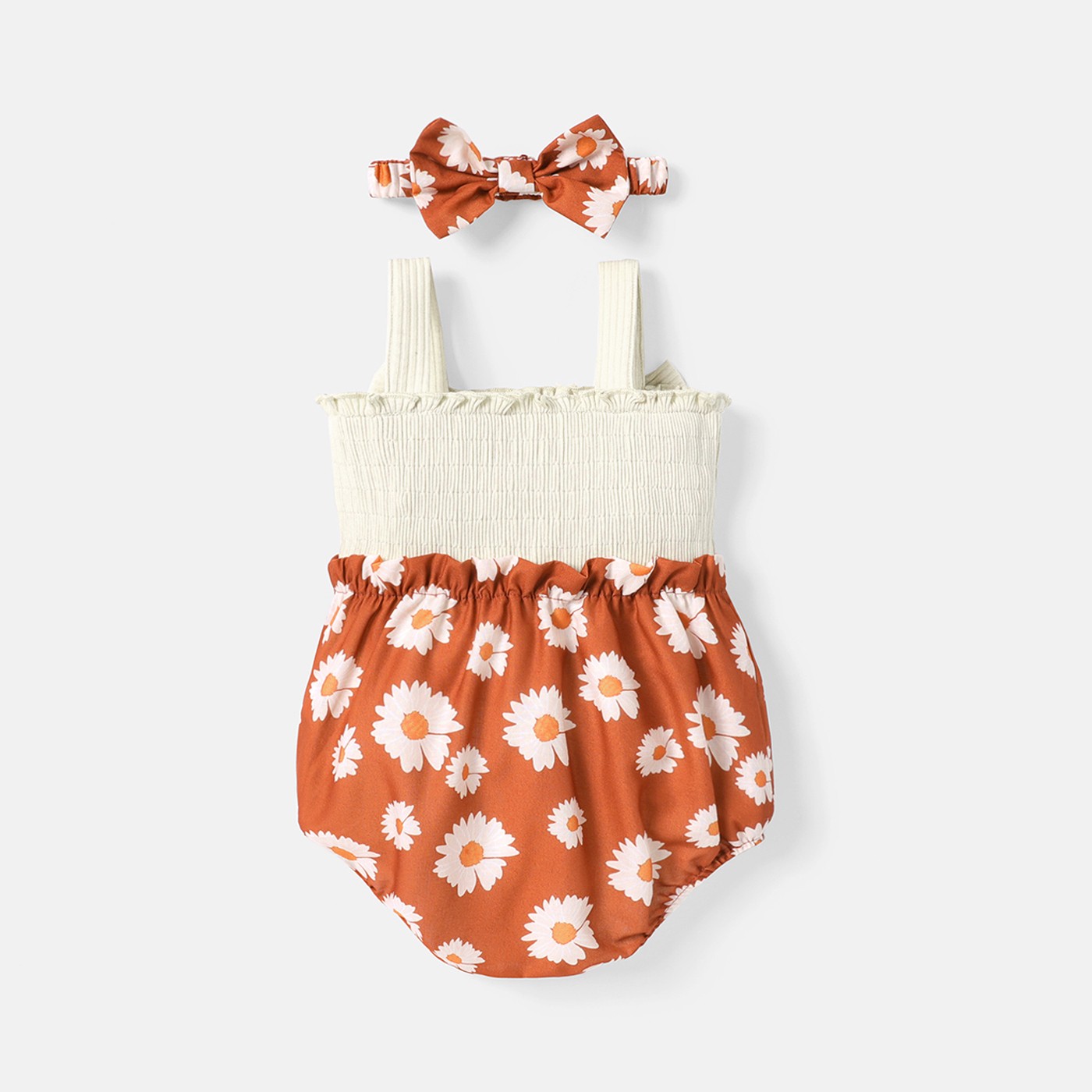 PatPat 2pcs Baby Girl Solid & Floral-print Spliced Bow Front Sleeveless Romper with Headband Set