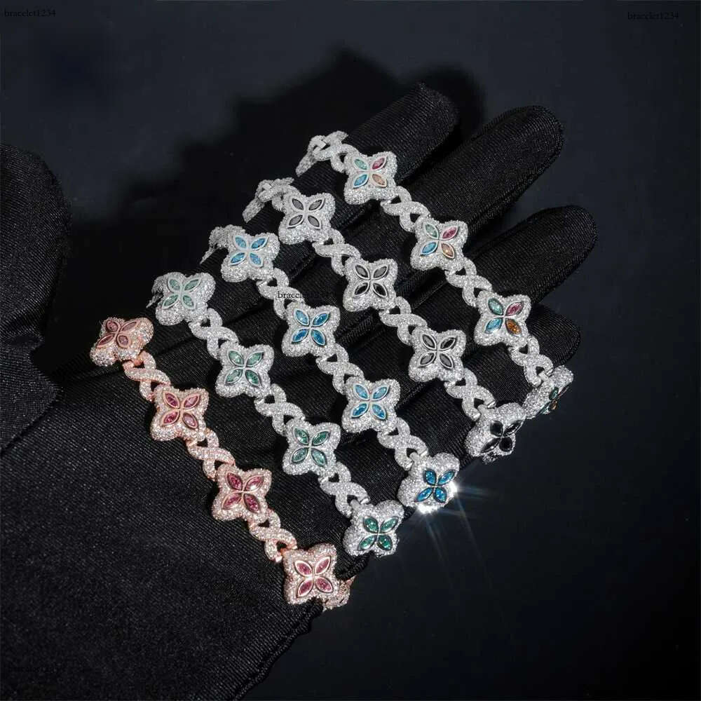 Hot Selg Colorful Hip Hop Iced Out Jewelry 15mm Sier Clover Cuban Moissanite Infinity k Bracelet for Men Free delivery
