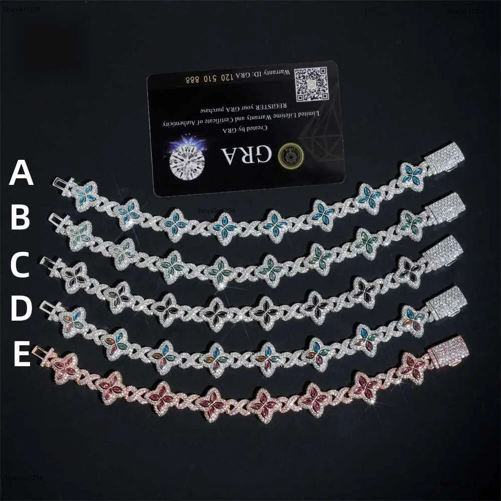 Hot Selg Colorful Hip Hop Iced Out Jewelry 15mm Sier Clover Cuban Moissanite Infinity k Bracelet for Men Free delivery