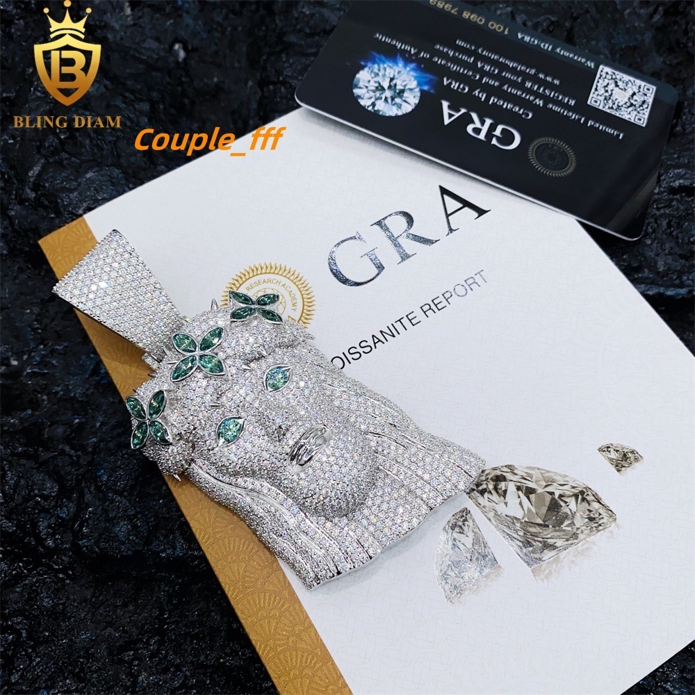 Gra Certificate Luxury Jewelry Jesus Head Blue Green Vvs Moissanite Iced Out Diamond Pendant 925 Sterling Silver