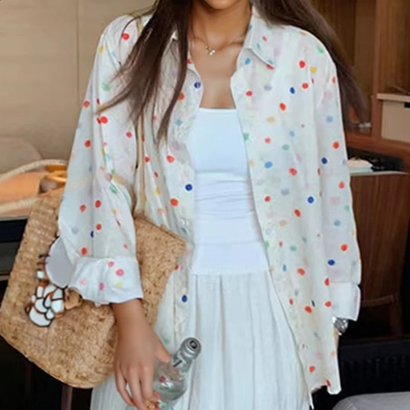 Fashion Polka Dot Printing Women Shirt Loose Sweet Casual Blouses Office Women Summer Long Sleeve Sunscreen Lady Tops Clothes 250421
