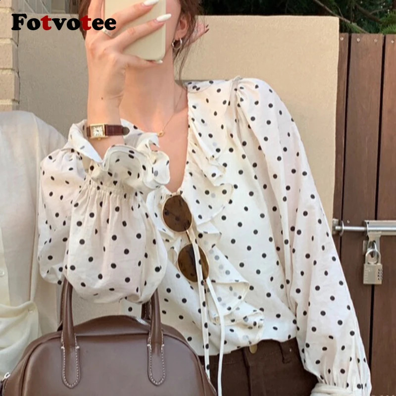 FOTVOTEE Dot Shirts for Women Ruffled V-Neck Long Sleeve Chic Blouses Spring Summer 2025 Fashion Female Comfortable Shirts 250421