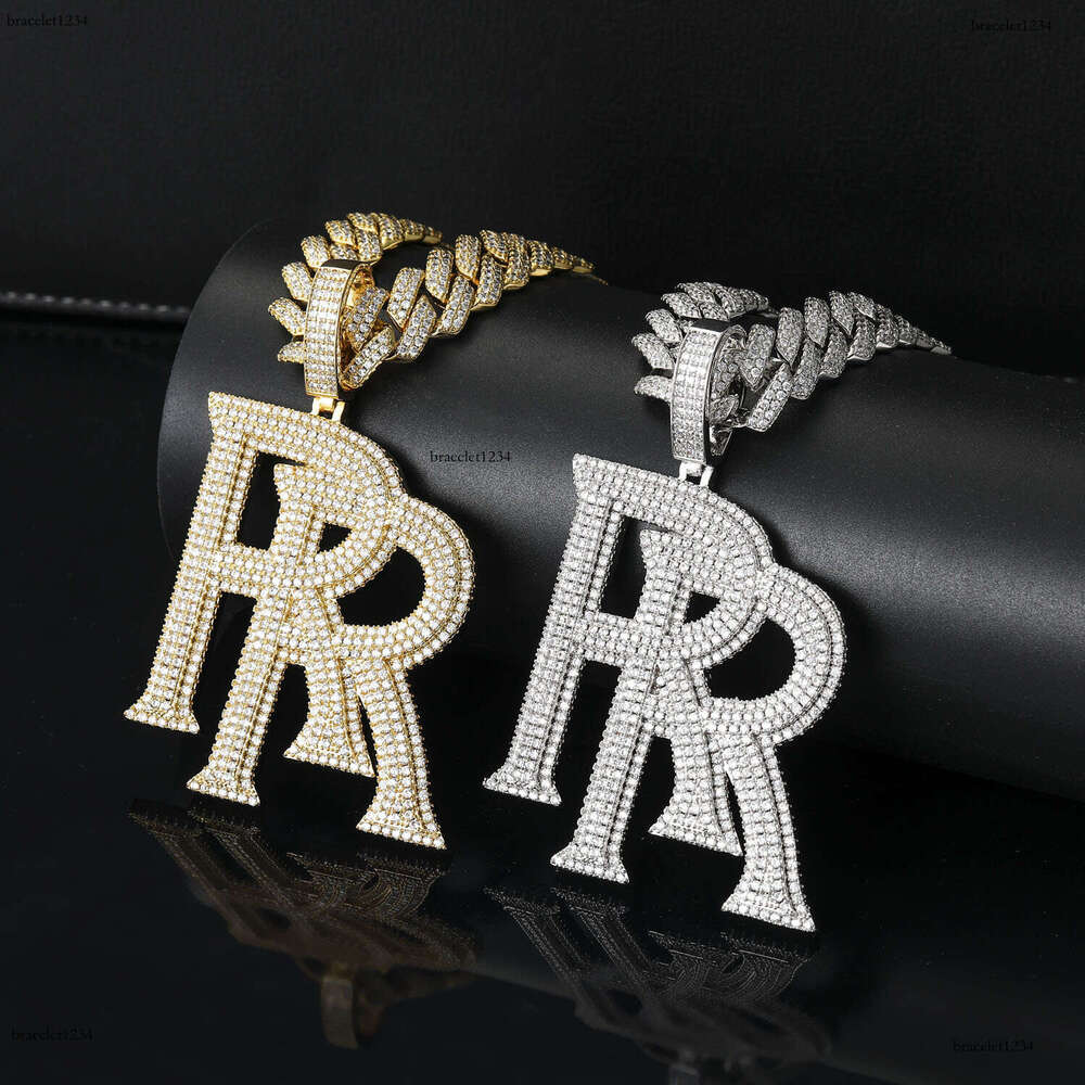 Luxury designer Double R Pendant Sterling Silver Gold Plated Ice out VVS Moissanite Pendant Hip Hop Men Women's Letter Necklace Cuban Chain Free 
