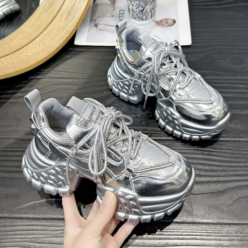 Women Designer Casual Shoes Height Increased Platform Sport Shoes Fashion Leather Fabric Breathable Running Shoes Shiny silver anti slip height increa
