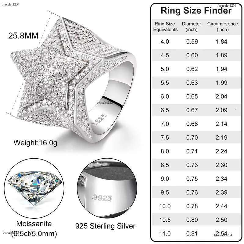 Hiphop Men Women Fine Jewelry Iced Out Gold Plated Sterg Sier VVS Moissanite Dia Star Ring With GRA Certificate