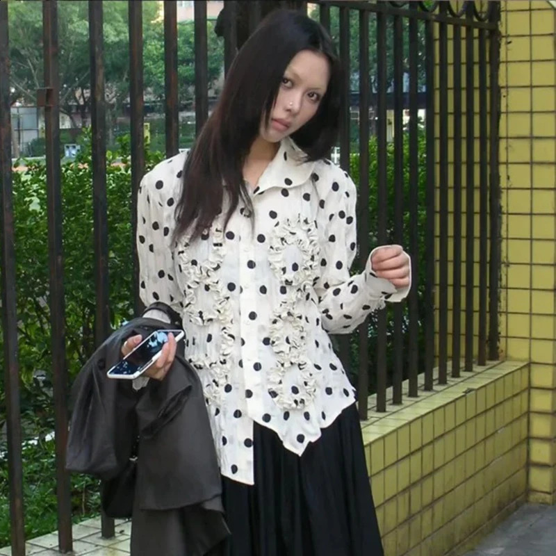 Tonns Y2k Aesthetic Polka Dot Shirt Women Floral Folds Blouse Japanese 2000s Shirt Casual Grunge Tops Streetwear Fairycore 250421