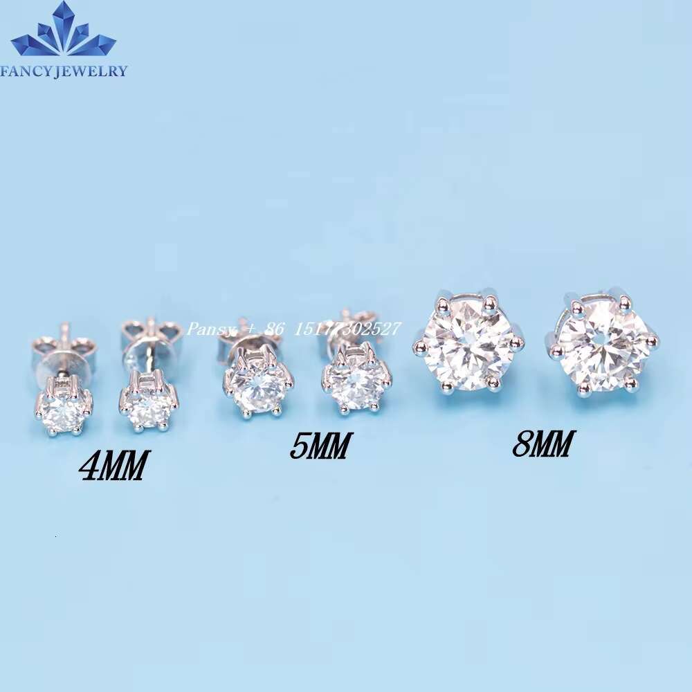 Wuzhou Moissanite Diamond 2CT 8mm Round Shape D Color VVS Clarify Stone Six Claw 925 Sterling Silver Earrings