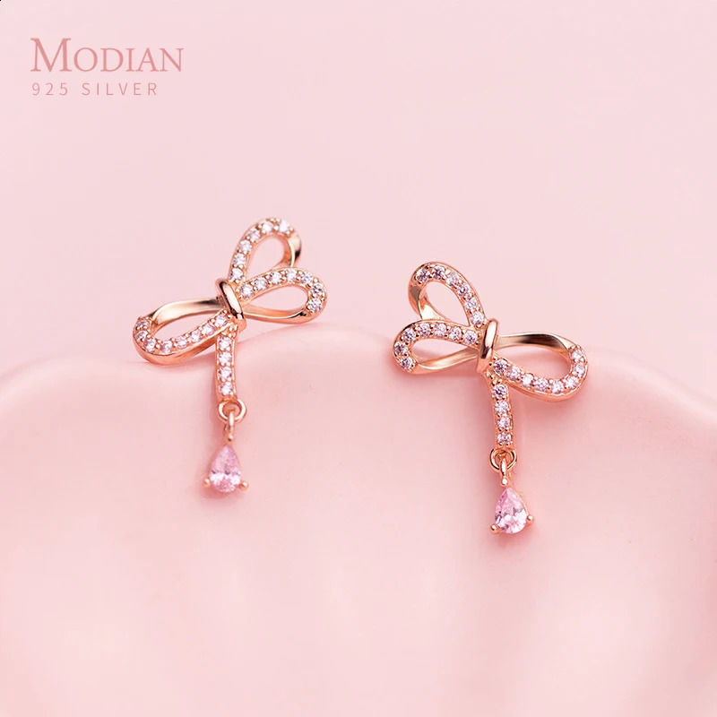 Modian elegant bow womens earrings pink crystal rose gold stud earrings 925 sterling silver jewelry accessories 250420