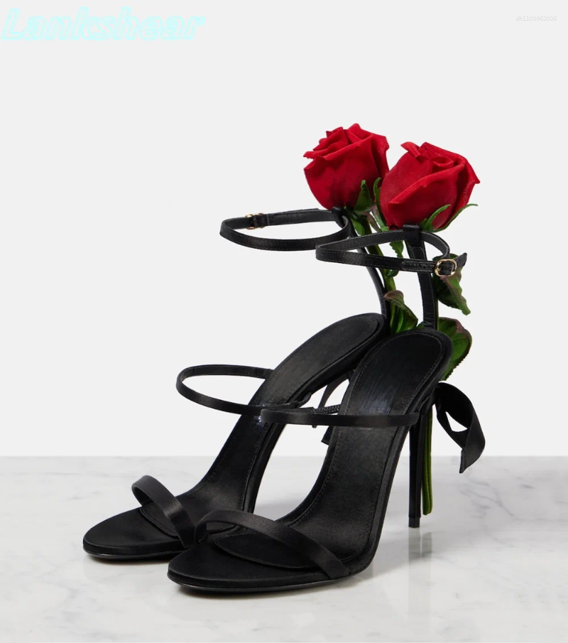 Sandals Black Satin Red Rose Women Round Open Toe Ankle Strap Buckle Thin High Heels Sexy Stilettos Summer Dress Shoes