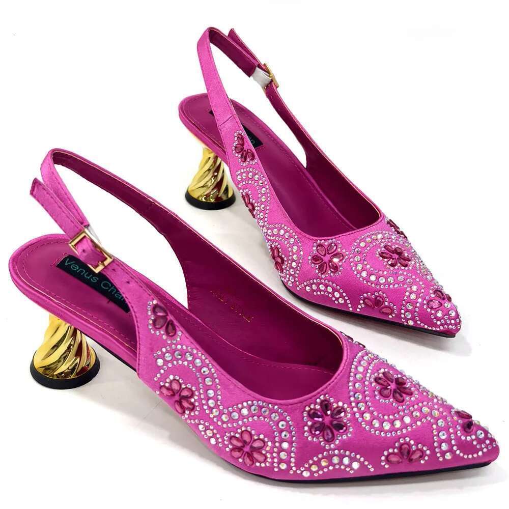 Elegant Sexy Fuchsia Color High Heels And Bag With Rhinestone Embellished Toe Is Comfortable Women's Shoes For Party