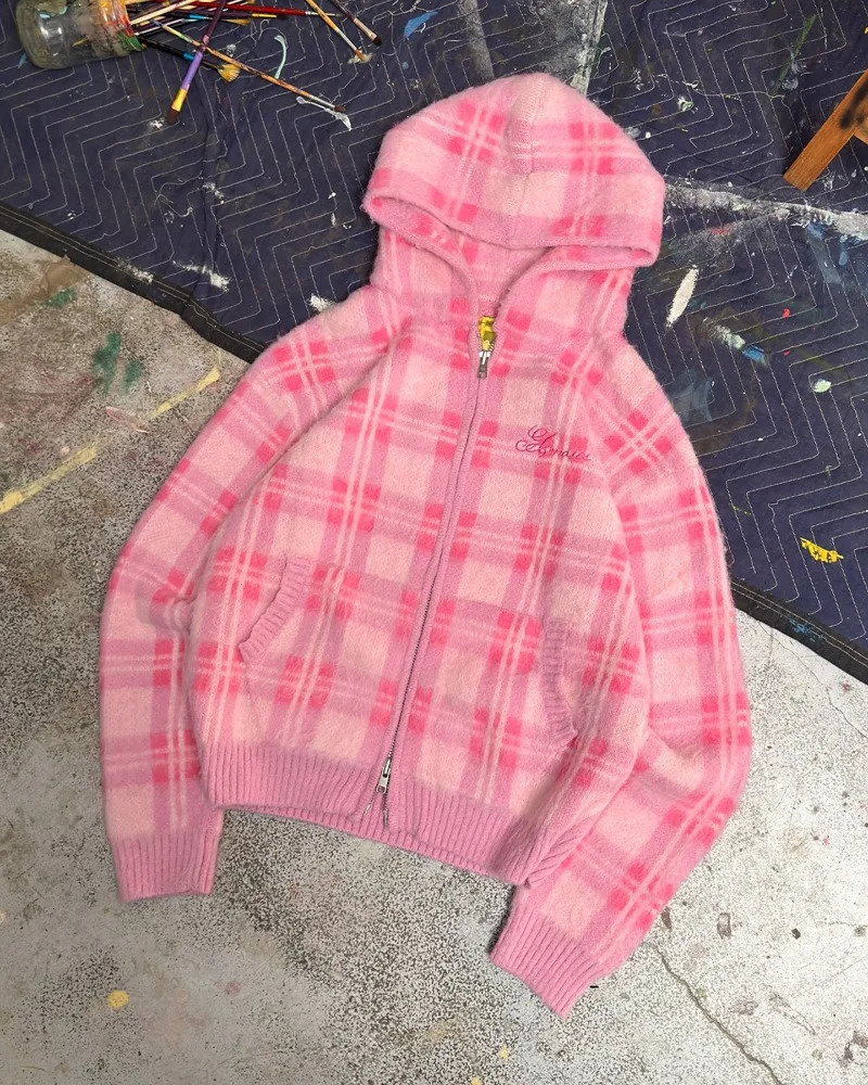 Retro simple trendy Y2K Harajuku checkered embroidered women cardigan sweater Punk Gothic American loose coat 251120