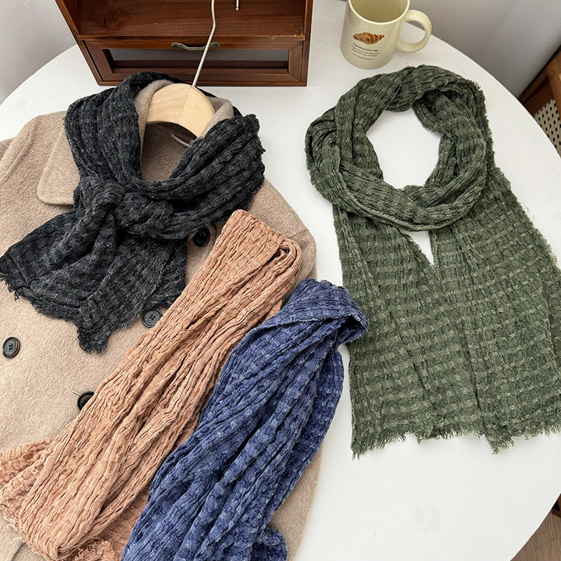 K486 Cotton and linen scarf for women new summer solid color retro rough fur edge sunscreen breathable multi-purpose silk scarf neck protection neck s