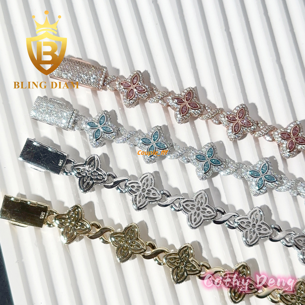 925 Silver Hip Hop Jewelry Marquise Cut Flower Moissanite Cuban Link Chain Bracelet for Men and Women Pass Diamond Test