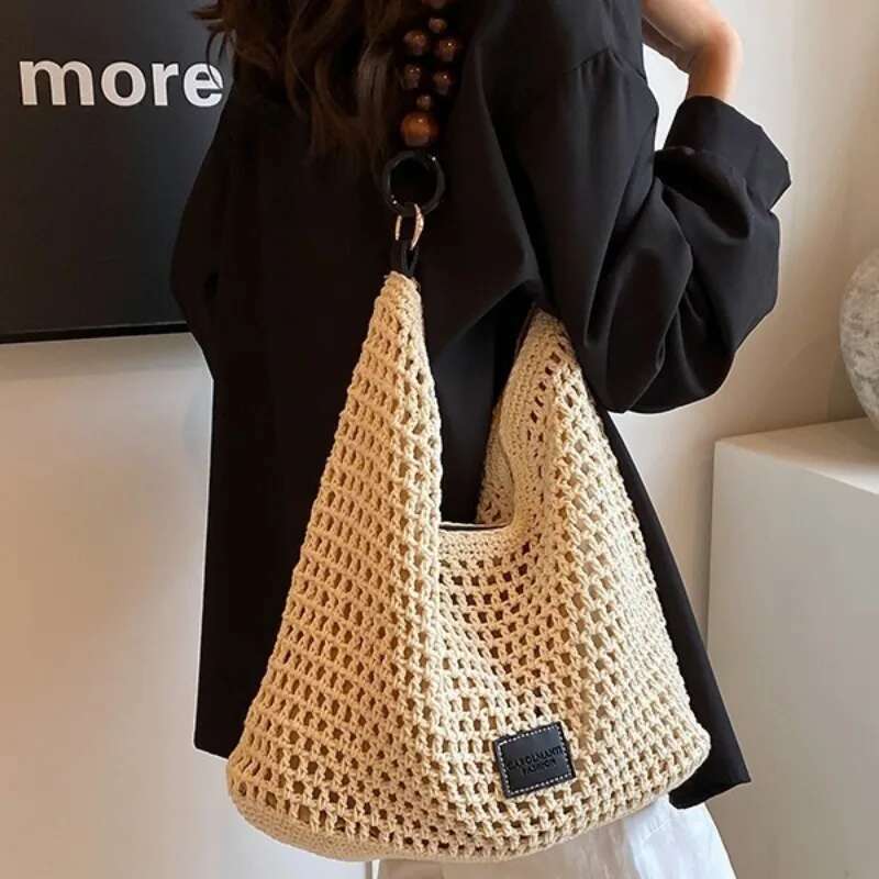Beach Summer Women Mesh Woven Shoulder Adjustable Strap Handbag Large Capacity Hobo Bag for Travel Vacation