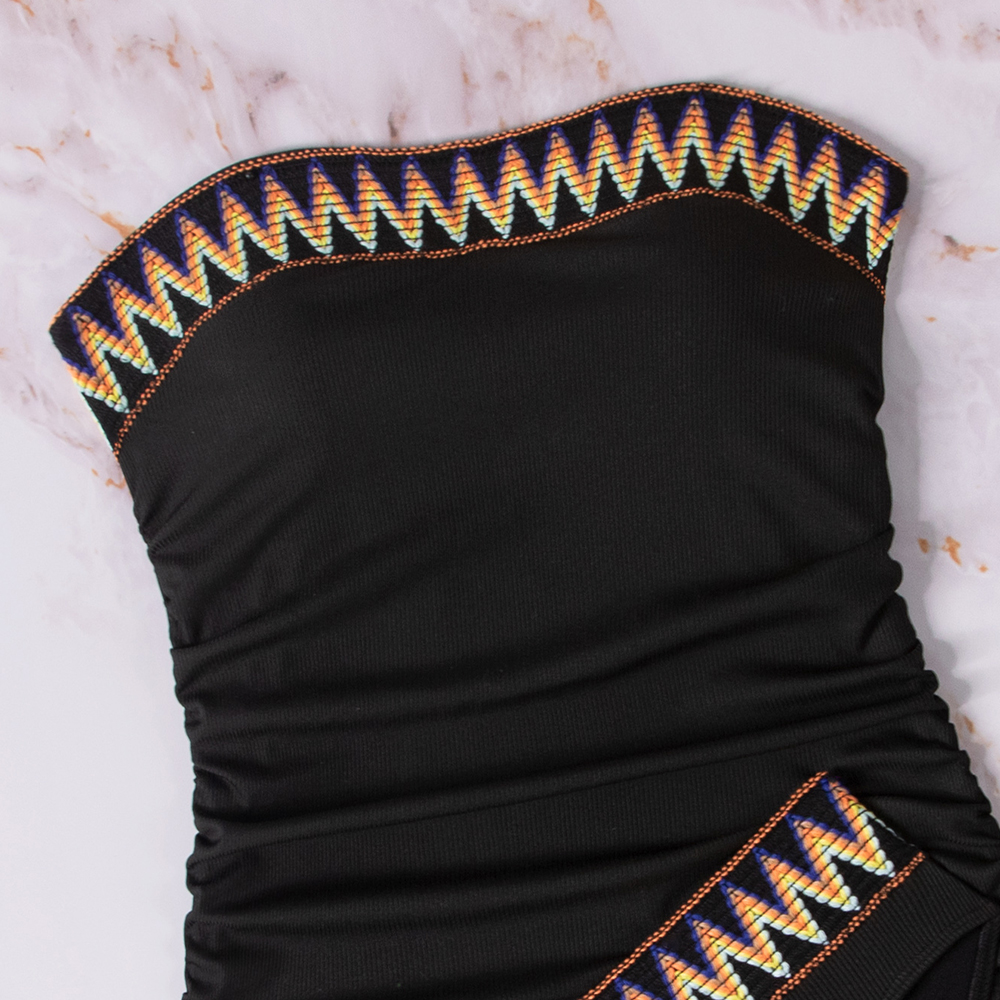 Ribbed Material Strapless Geometric Print Mesh Embellished High Waist Ruched Design Black Soft Cups Padded Tankini Set