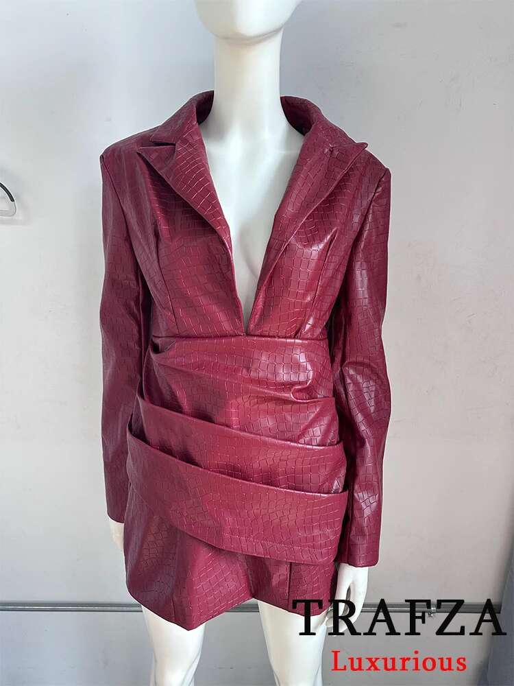 TRAFZA Sexy Leather Women Party Solid Red Long Sleeve Mini Sheath New Fashion Autumn Winter Evening Club Dress