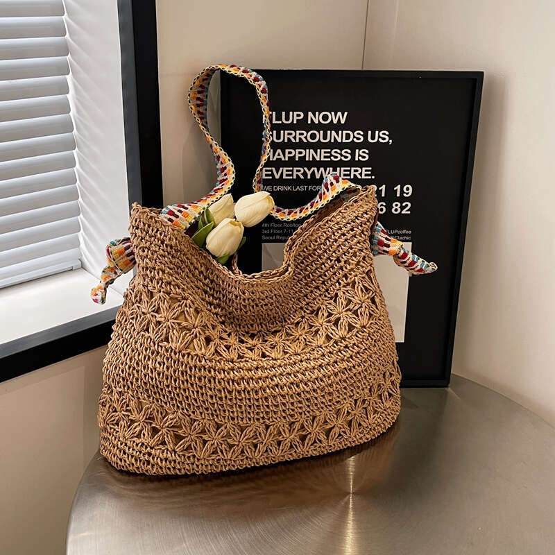 Ins Style Resort Beach Bag New For Women S Vacation Style Summer Popular Beach Straw Woven Large Capacity Single Shoulder Tote Bag KQ