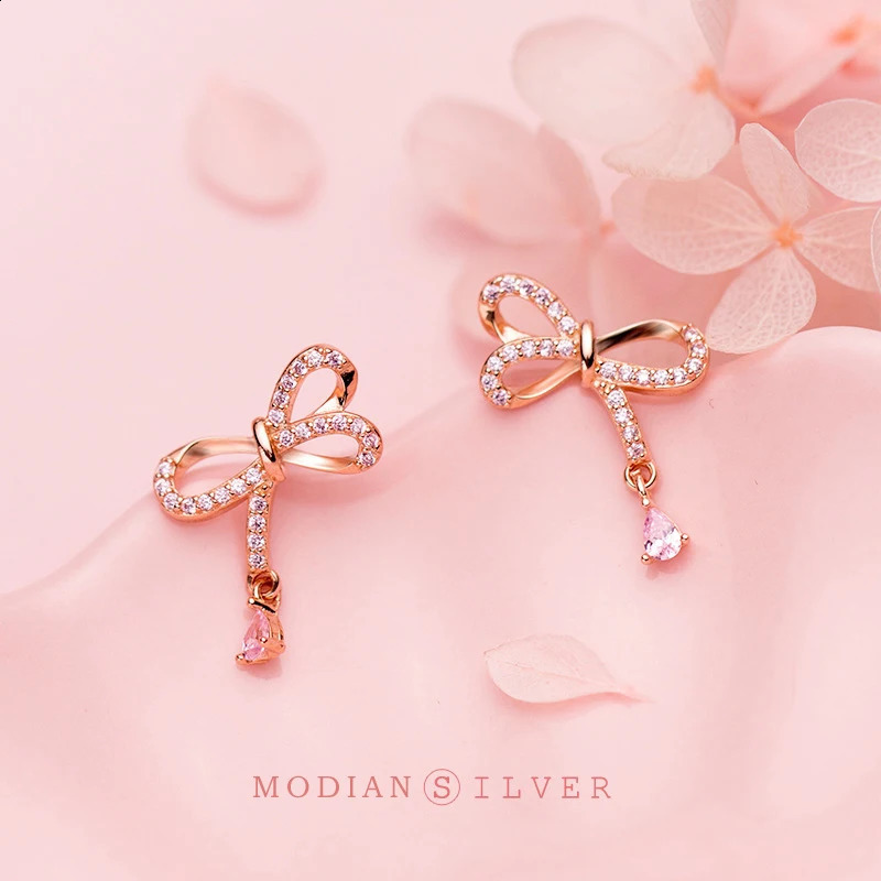 Modian elegant bow womens earrings pink crystal rose gold stud earrings 925 sterling silver jewelry accessories 250420