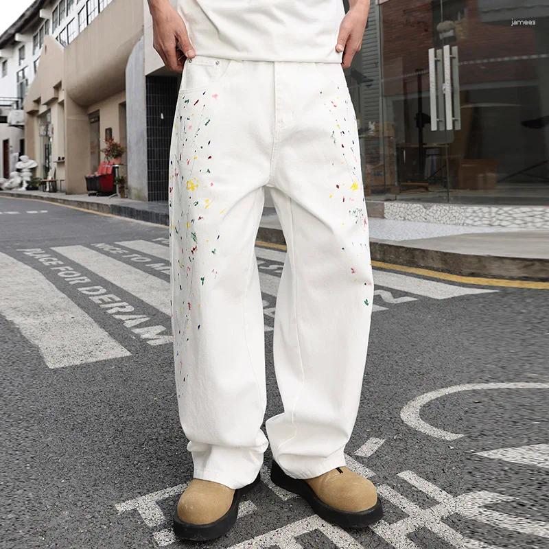 Men's Jeans Color Ink White Denim Cityboy Streetwear Fashion Hip Hop Loose Casual Wide Leg Baggy Y2k Pants