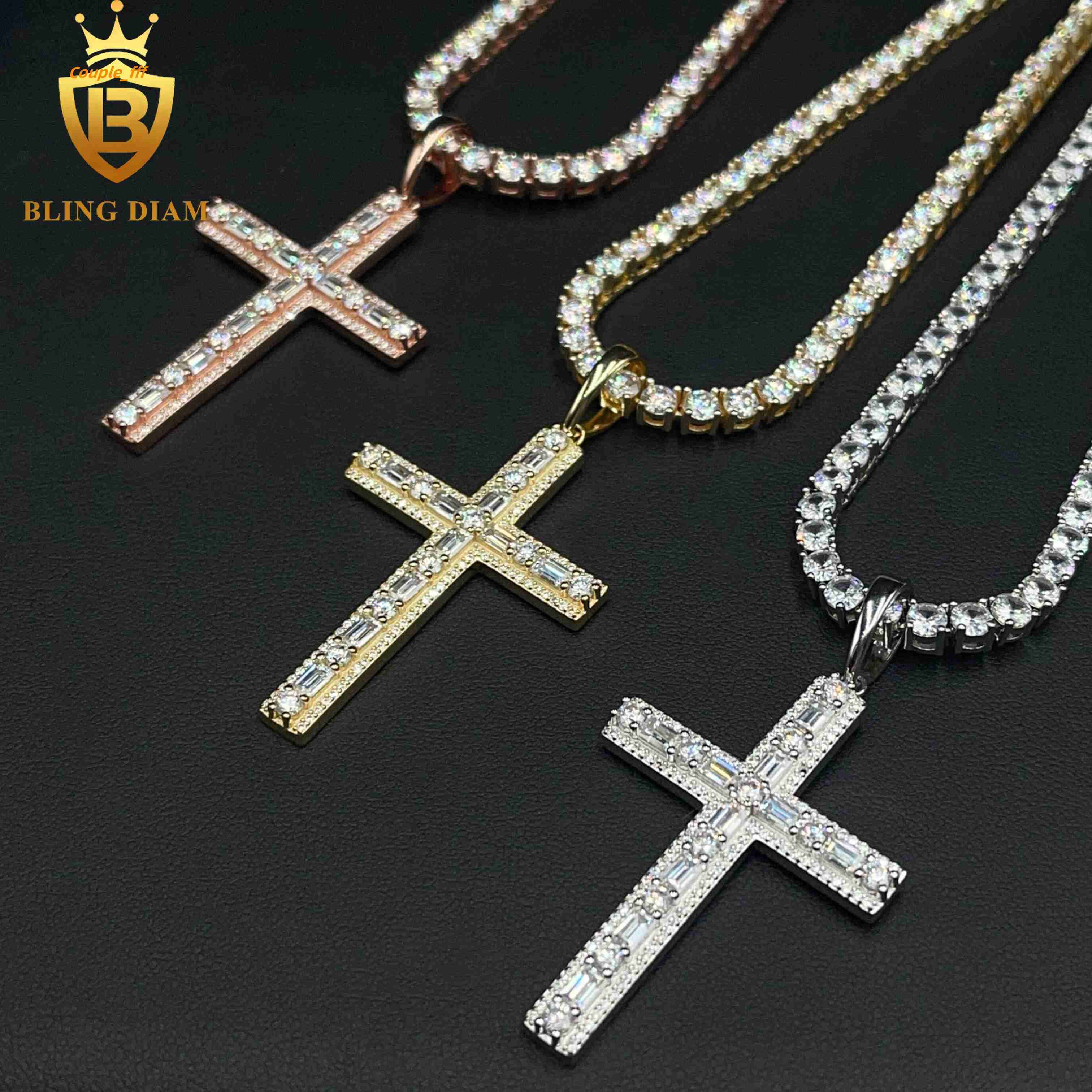 New Custom Hip Hop Jewelry VVS Moissanite Diamond Iced Out 925 Silver Cross Pendant Necklace
