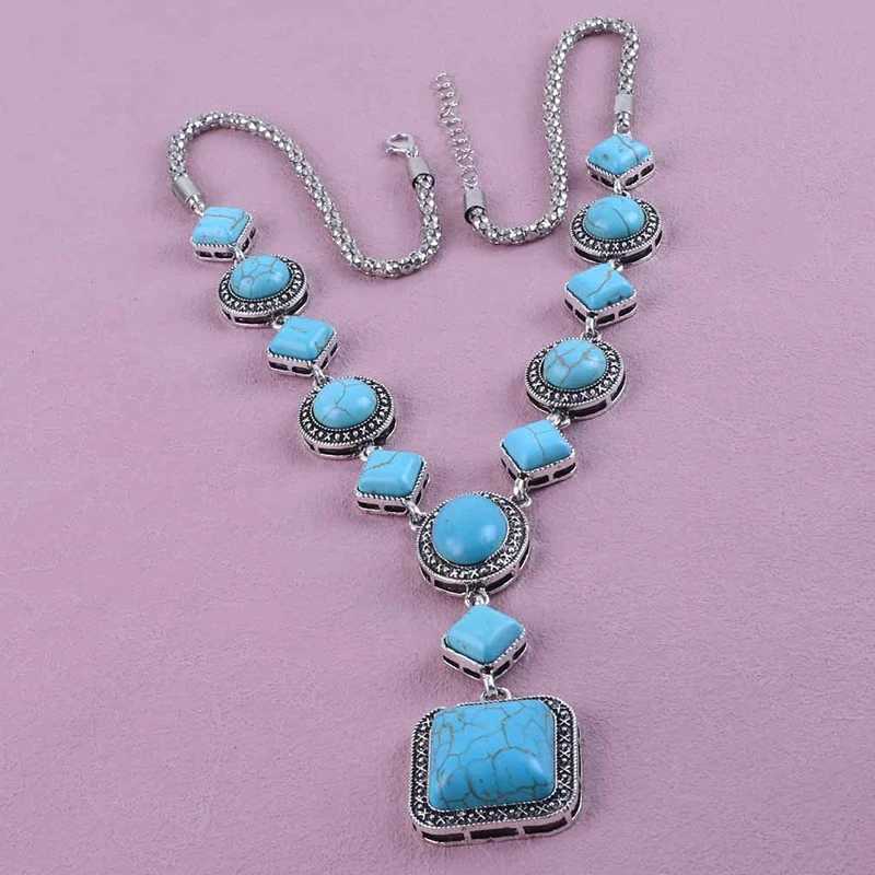 Vintage Bohemian turquoise pendant necklace ethnic style bead chain necklace sweater chain necklace womens jewelry giftXJ250422