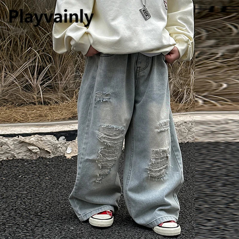 Spring Summer Autumn 210 Year Old Boys Jeans Loose Wide Leg Pants Light Blue Tear Childrens Versatile Trousers A2588 250414z