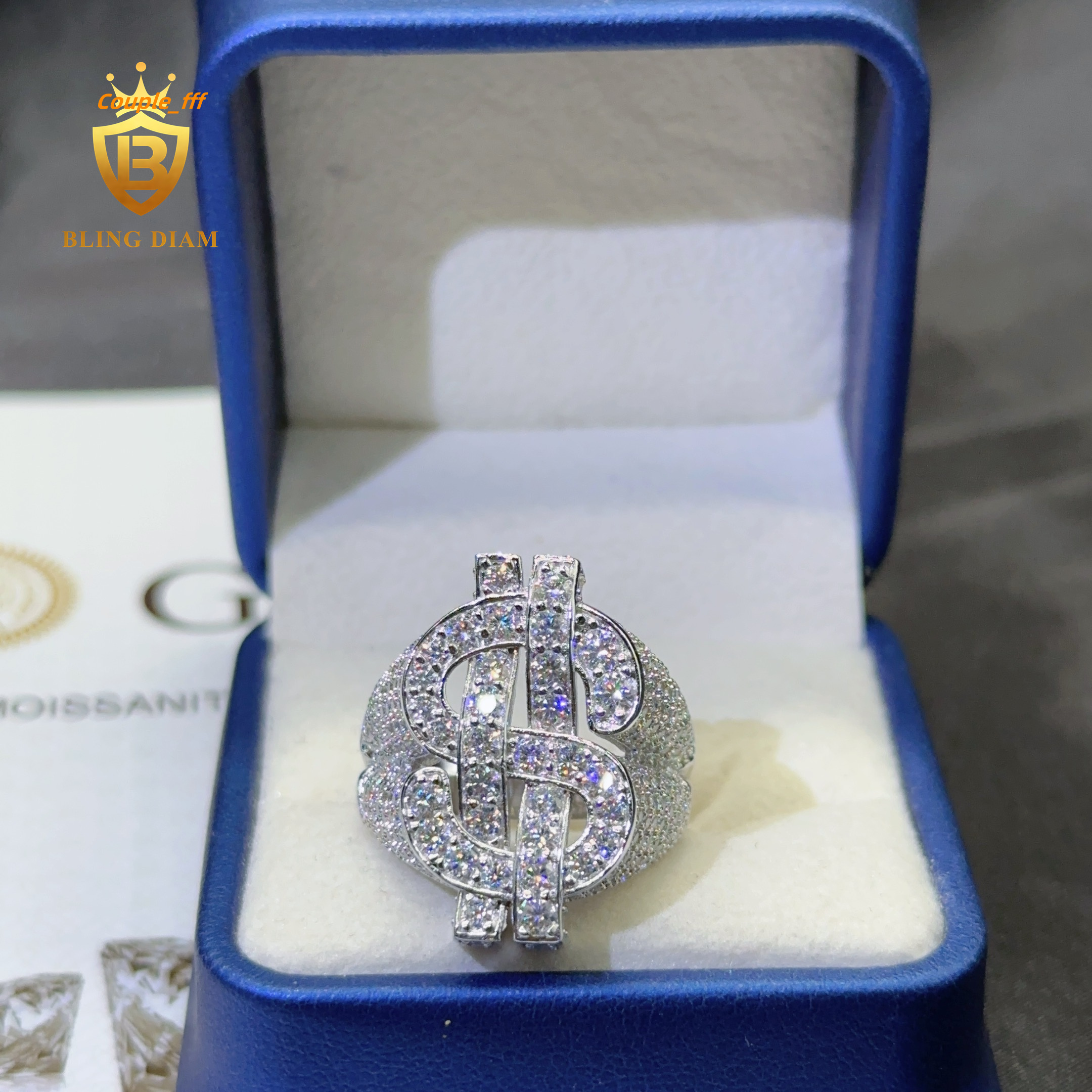 VVS Moissanite Custom Hip Hop Dollar Design Ring 925 Sterling Sliver Moissanite Rings for Men and Women