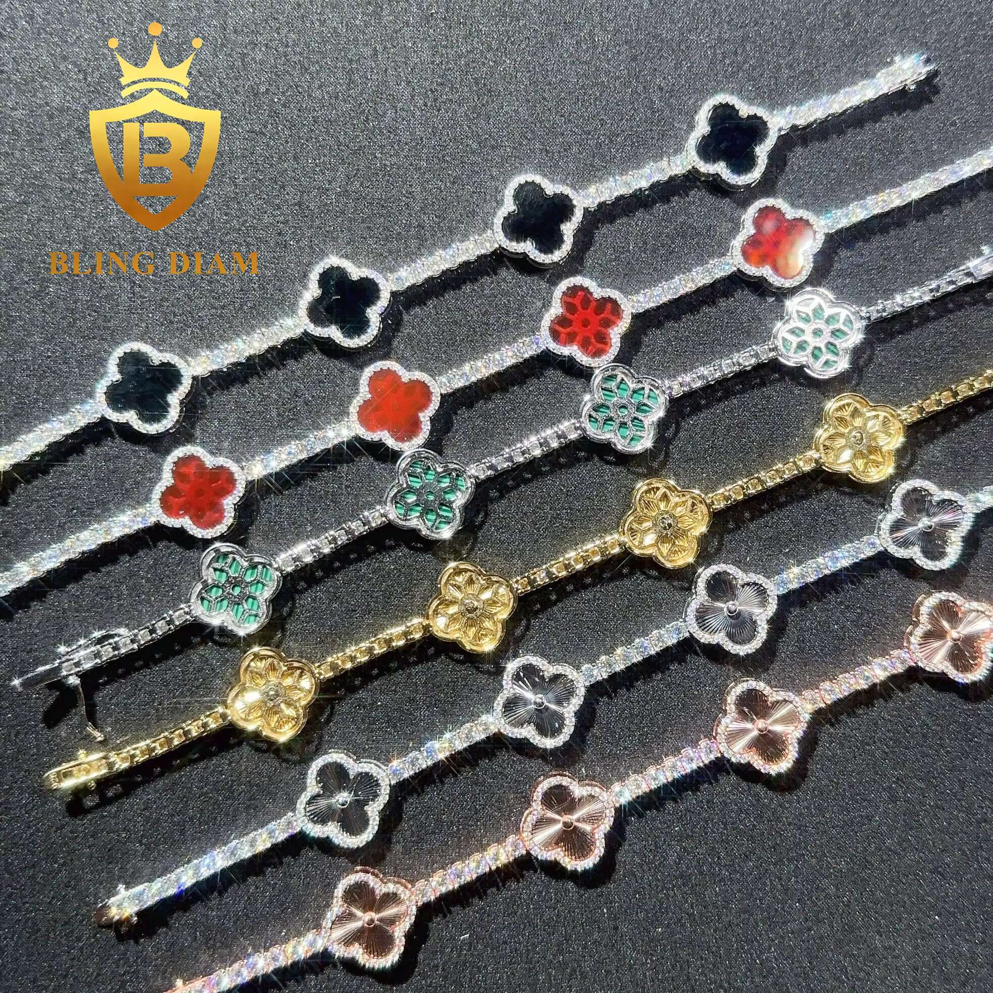 Fashion Flower Clover Leaf Moissanite Tennis Chain Moissanite Bracelet 925 Silver 3mm Moissanite Bracelet Pass Diamond test