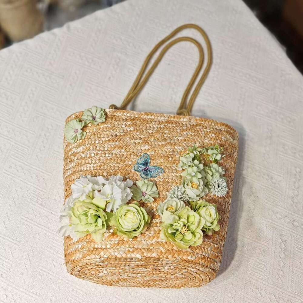 Ins Style Resort Beach Bag French Style Niche Wheat Straw Vegetable Basket One Shoulder Hand Held Large Capacity Grass Beach Vacation Woven Bag Summer
