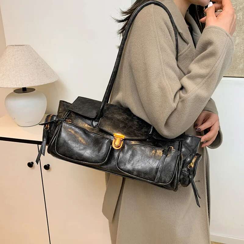 Retro Heavy Industry Large Capacity Spicy Girl Millennium Underarm With Pockets And Multiple Totes, Motorcycle Bag
