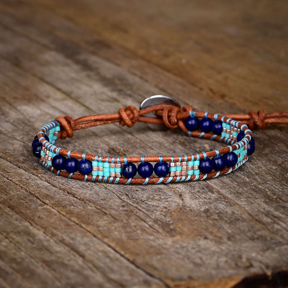 New single-layer minimalist blue gold stone rice bead Bohemian style hand woven bracelet
