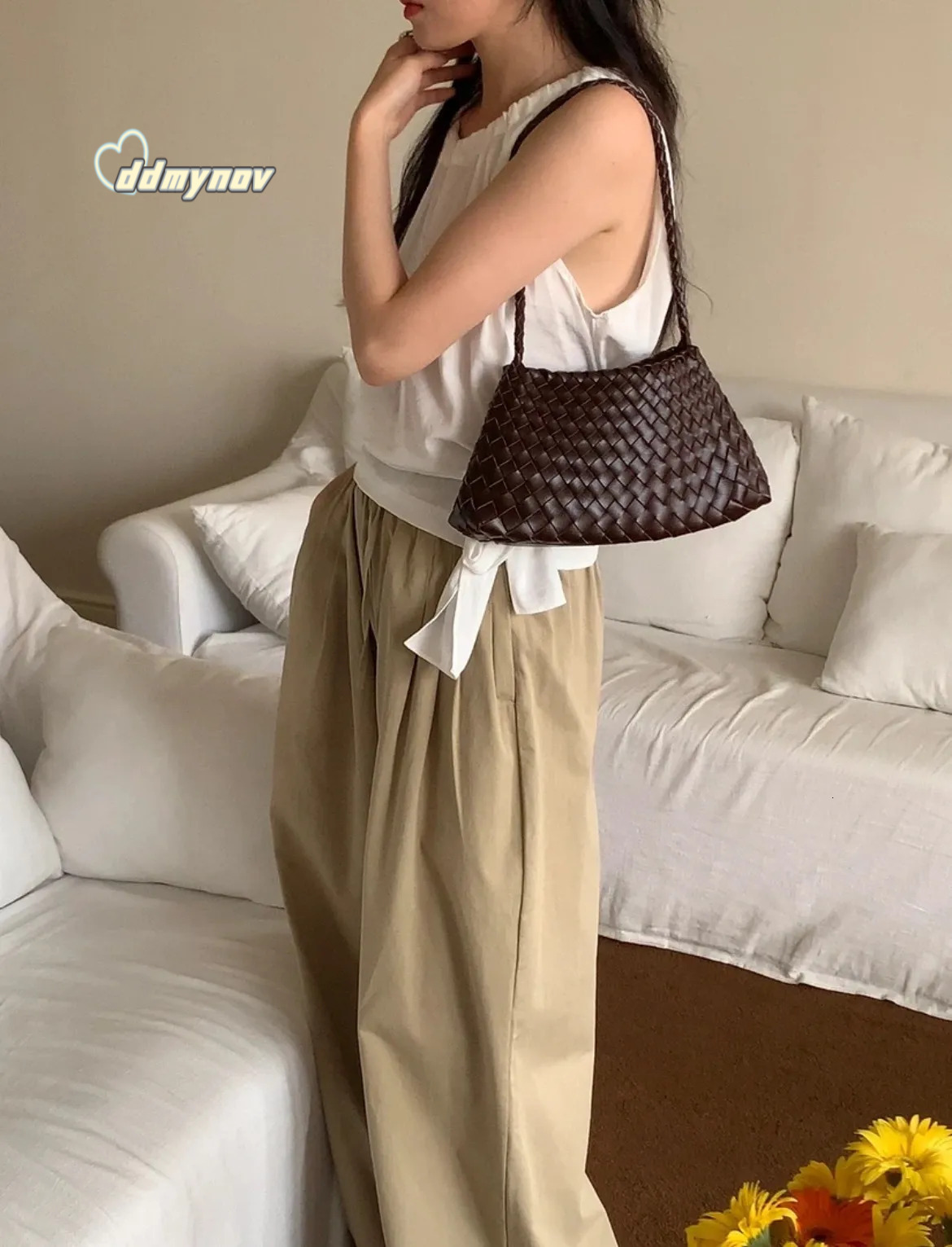 Designer woven top layer cowhide hot womens french basket handmade leather tote bag shoulder ddmynov