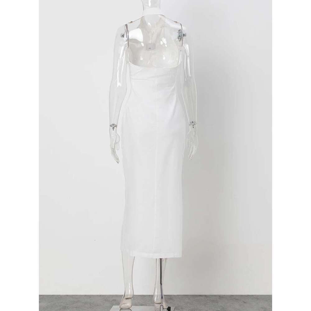 Designer Women's Clothing White Chic Slim Dresses Summer Single Sleeveless Midi Dress Elegant Fashion Vestidos Bag