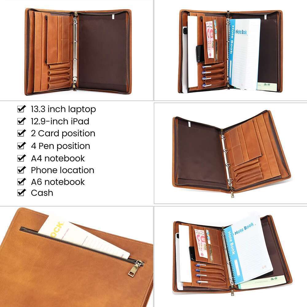 JOYIR Genuine Leather Portfolio Case Men Women Multi Pocket Padfolio Cover Bussiness Document A4 Organizer 12.9" Ipad Holder