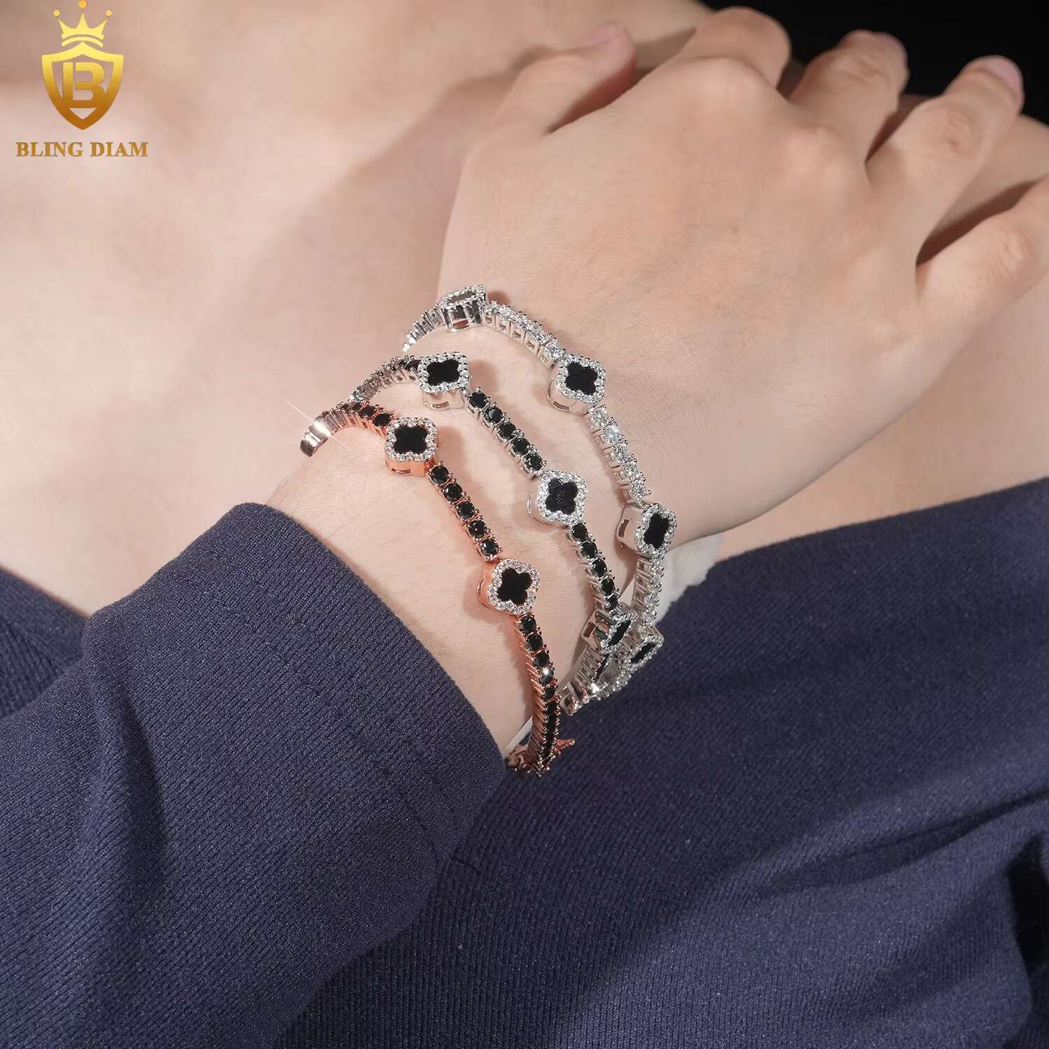 3mm New Design 925 Sterling Silver Vvs Black Moissanite Clover Tennis Chain Bracelets Gra Certificate