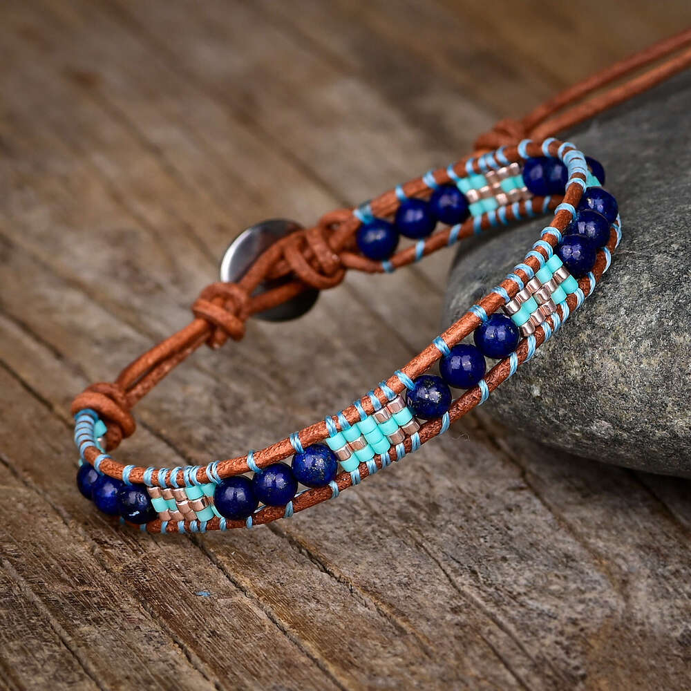 New single-layer minimalist blue gold stone rice bead Bohemian style hand woven bracelet