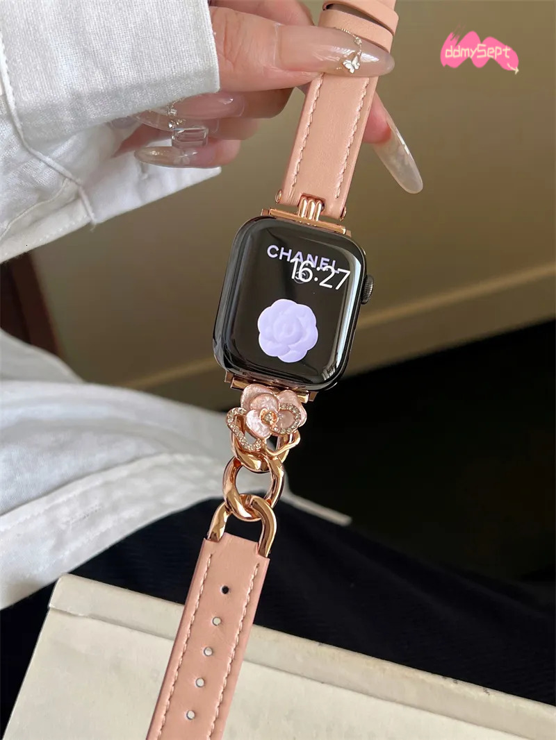 Elegant Leather Apple Watch Band with Camellia Flower Design - Fashionable Straps for iWatch Series ddmysept