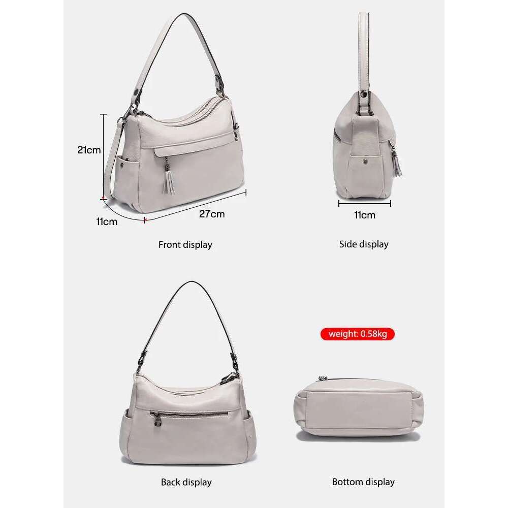 Designer Bag Zency Beige 100% Genuine Leather Soft Hobo Shoulder Women's Handbags Trendy Crossbody Bag Tassel Designer Underarm Bags