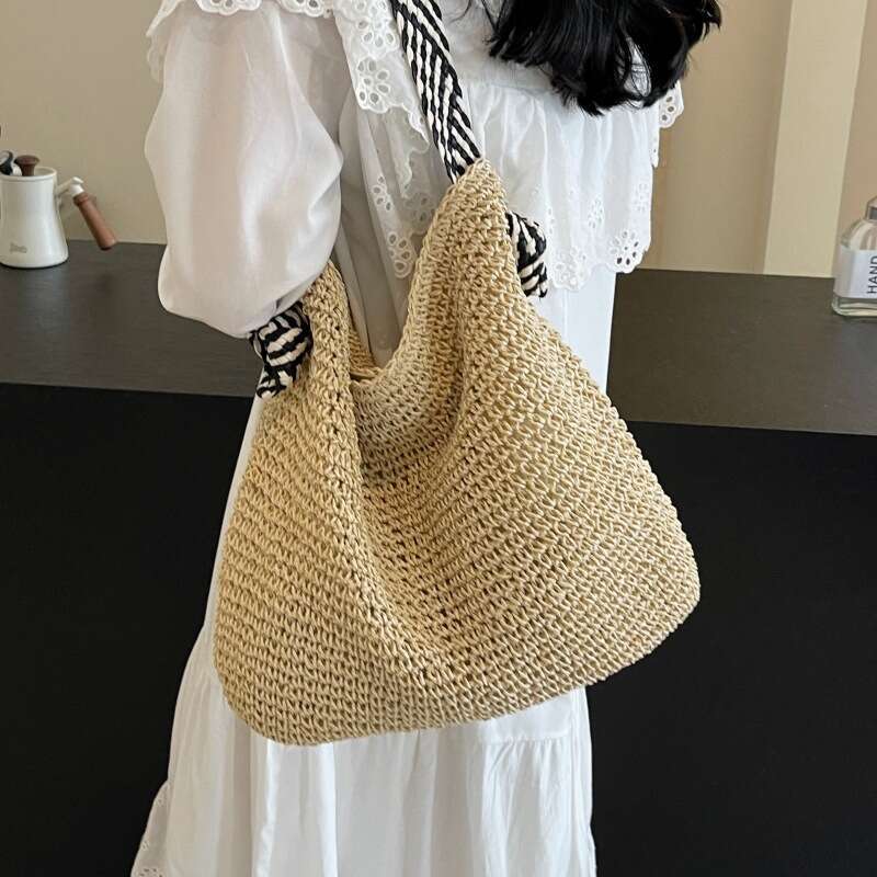 Ins Style Resort Beach Bag Large Capacity Grass For Women S Summer New Lazy Style Single Shoulder Commuting Tote Beach Vacation Woven Bag KQ