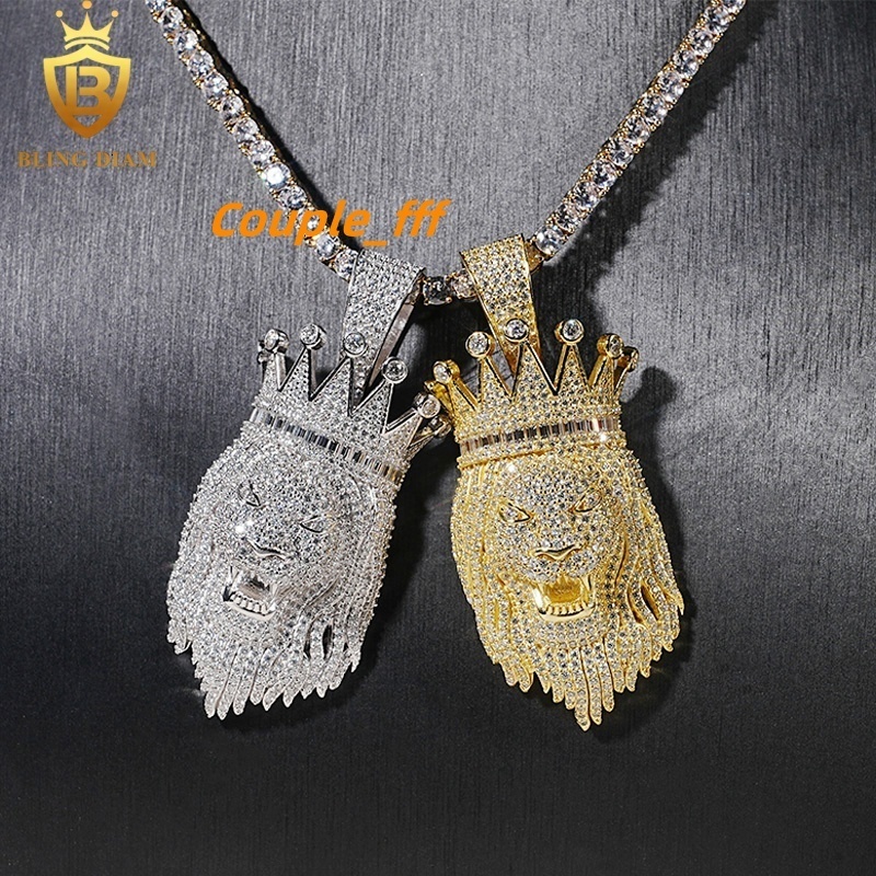 Hip Hop Jewelry 3D Crown Lion Animal Pendant Moissanite Real Gold Plated 925 Sterling Silver Charm Pendant
