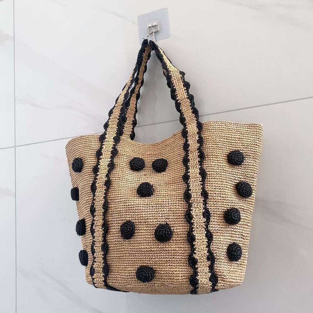 Ins Style Resort Beach Bag New Beach Vacation Tote Lafite Grass Hand Woven Straw Bag Black Polka Dot Small Fresh Shoulder Bag KQ