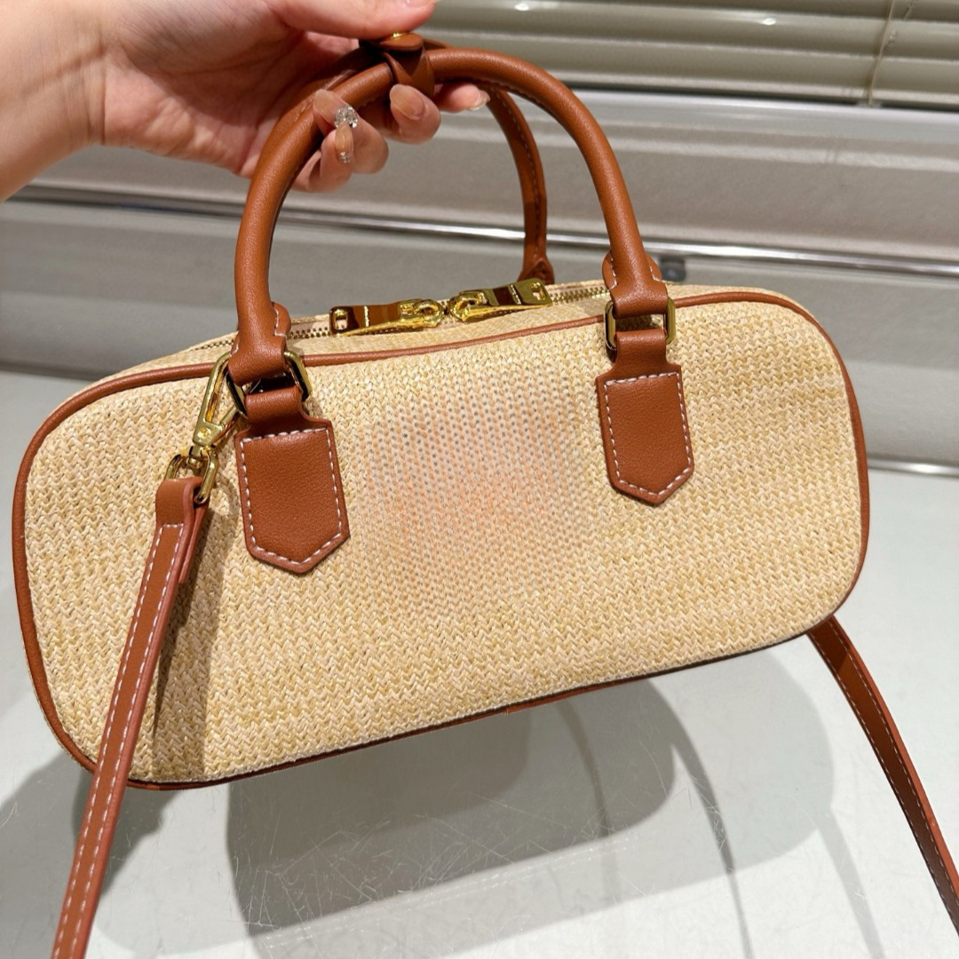 Women Straw Shoulder Bags Bowling Style Handbags Chic Two-tone Designer Totes 2025 Summer New Fashion Clutches Hobo Girl Lovely Crossbody Bag Raffia Purses 3166