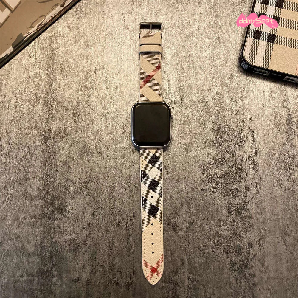 Compatible with Apple Watch Band iWatch Leather Striped Plaid Pattern Unisex SE Fashion Trend H11.21 ddmysept