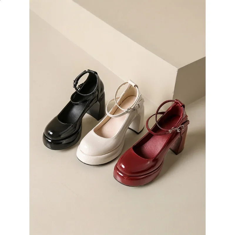 Mary Jane womens shoes thick high heels and red waistband matching spring and autumn dresses high heels comfortable round rubber sole 250418