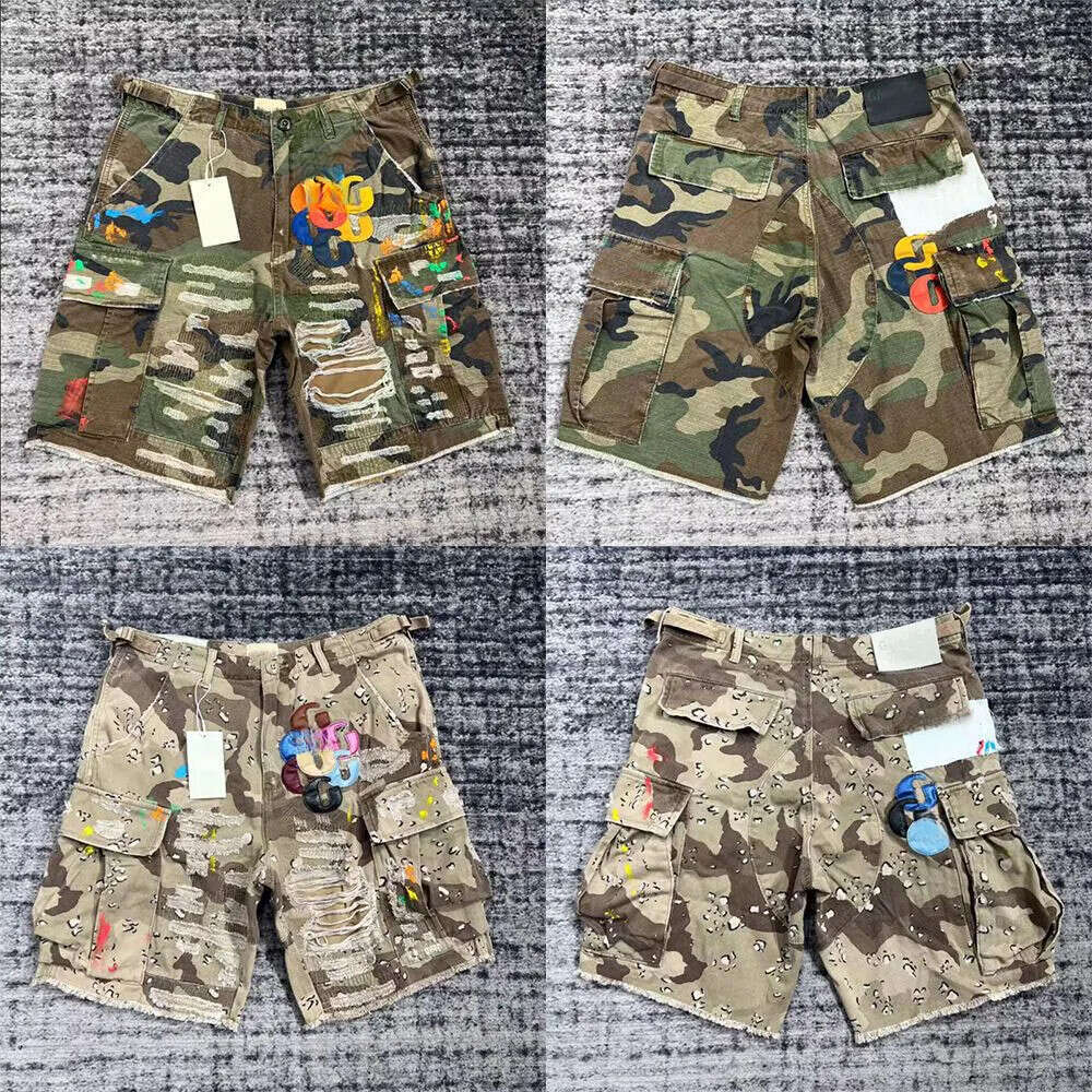 Shorts mens Designer Mens Camouflage Patchwork summer Leather Letter High Street Vintage Hip Hop Worn Work Denim Shorts Men shorts