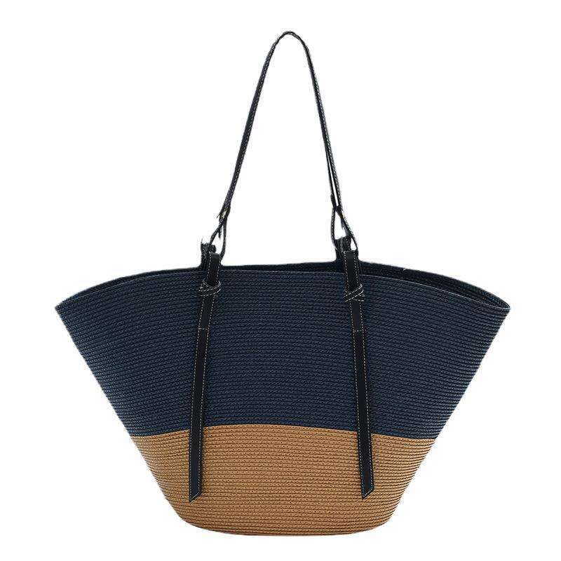 Ins Style Resort Beach Bag Summer Popular Color Blocking Large Capacity For Women New Beach Vacation Grass Woven Bag Single Shoulder Tote Bag KQ