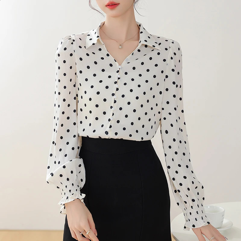 2025 Spring Casual Shirts Long Sleeve Turn Down Collar Fashion Women Shirt Dot Elegant Blouse Women Tops Camisas De Mujer N530 250421